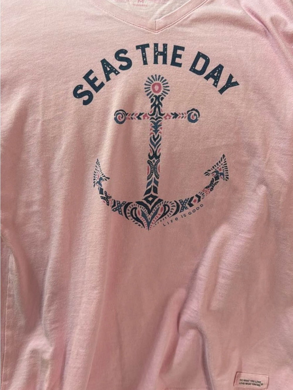 Life Is Good Pink V-Neck 'Seas The Day' Anchor Graphic Tee